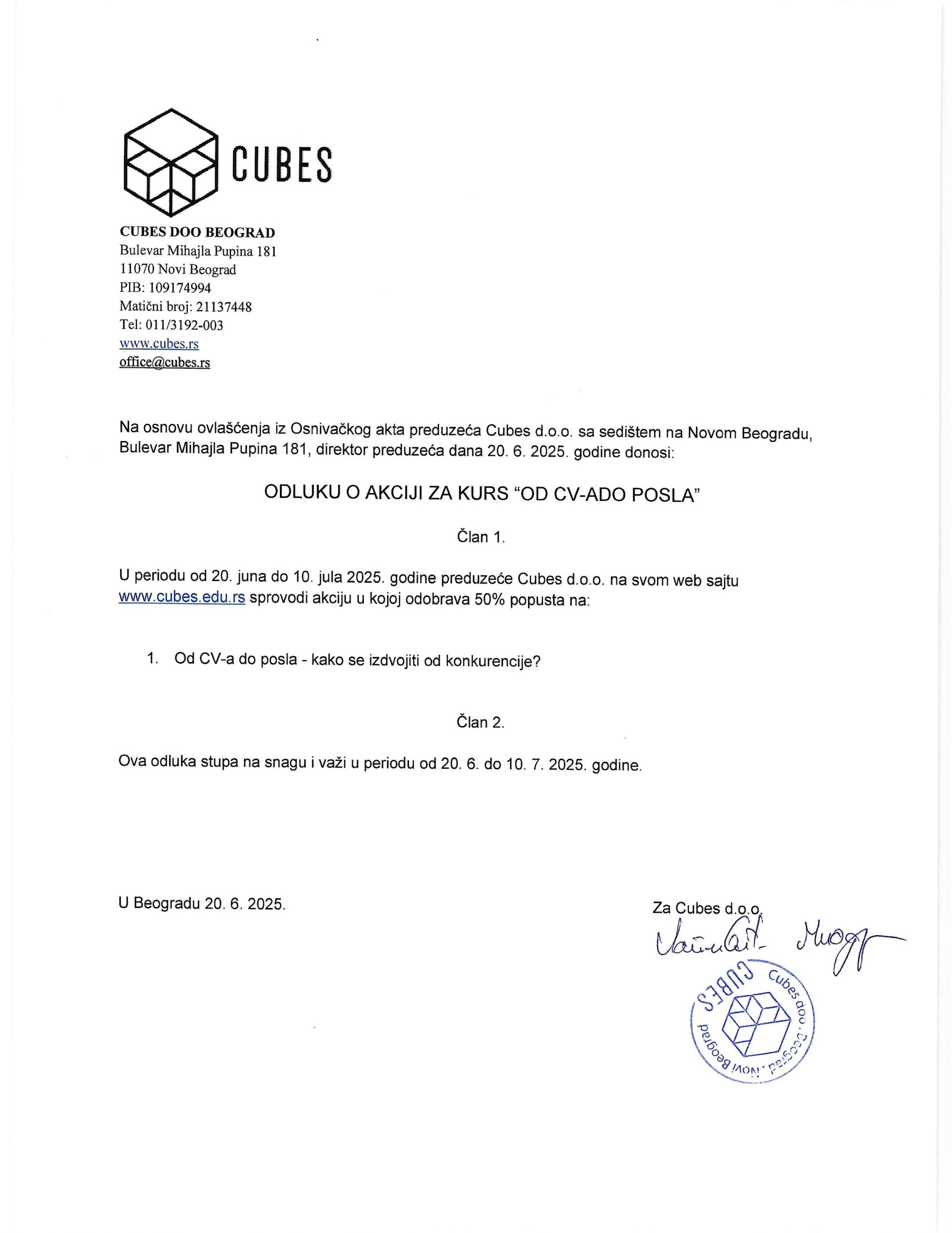 Odluka OD Cv-a do posla