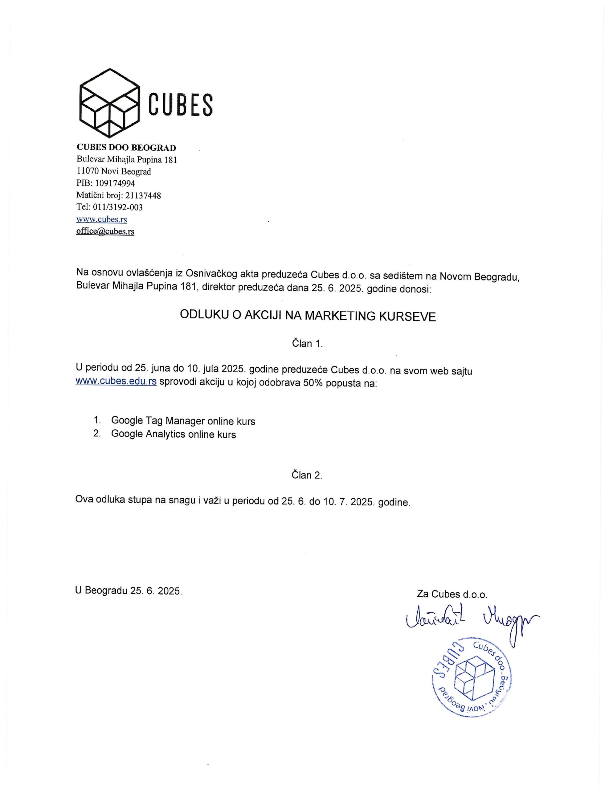 Odluka o akciji na marketing kurseve